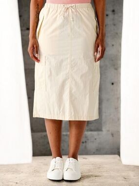 DEX NEW Plus Size 0X: Parachute Cargo Cream Drawstring Waist Midi Skirt